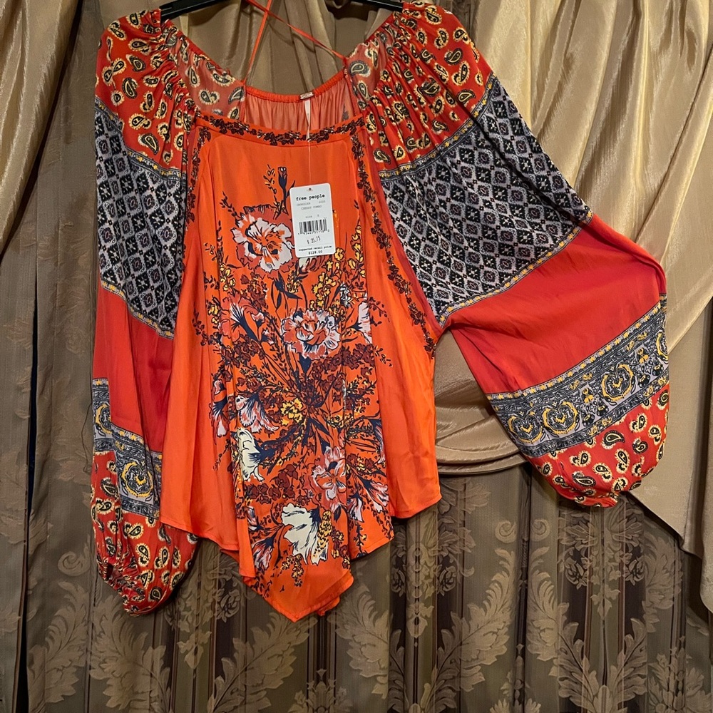 Free People Orange Multicolor Floral Blouse